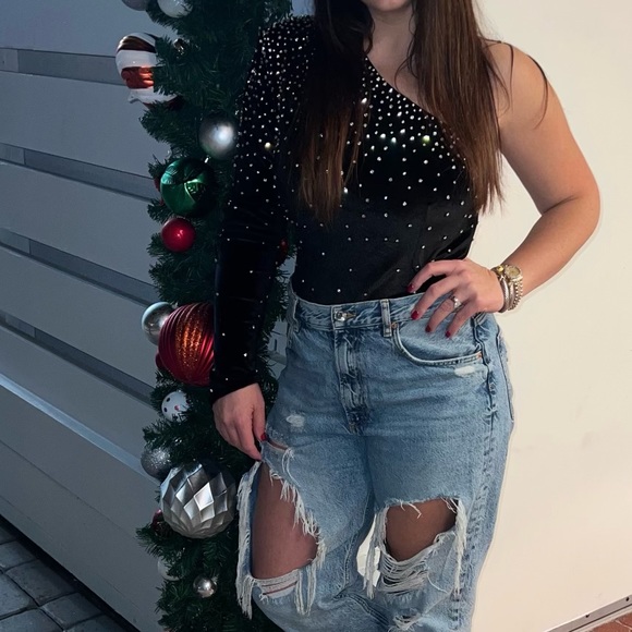 RETROFETE Velvet Embellished One Shoulder Bodysuit - Picture 16 of 16